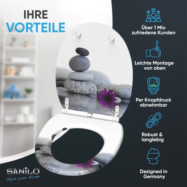 Sanilo WC-Sitz mit Zen-Stein-Motiv, einfache Montage von oben, per Knopfdruck abnehmbar, robust und langlebig, Sanilo Logo.
