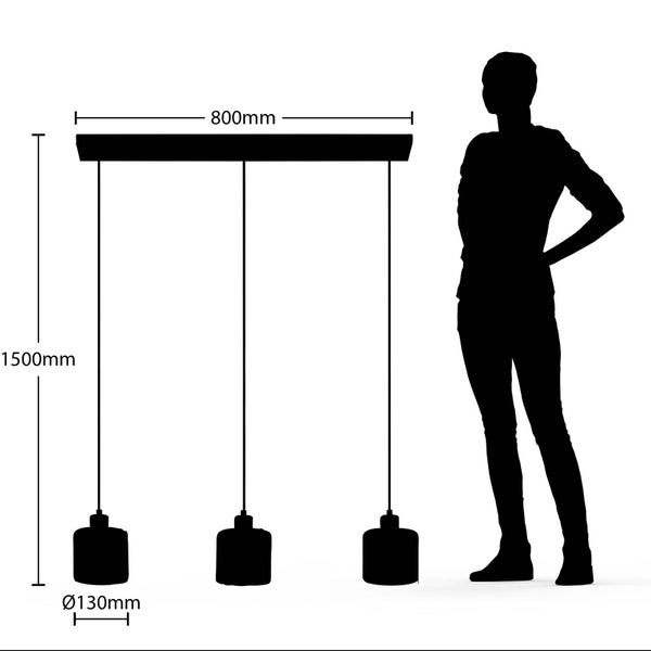 Abbildung einer Pendelleuchte mit drei Leuchten, Abmessungen und Silhouetten einer Person
