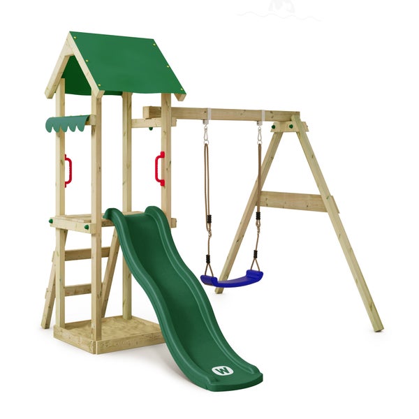 WICKEY Spielturm Klettergerüst TinyWave mit Schaukel und Rutsche, Kletterturm mit Sandkasten, Leiter und Spiel-Zubehör - grün