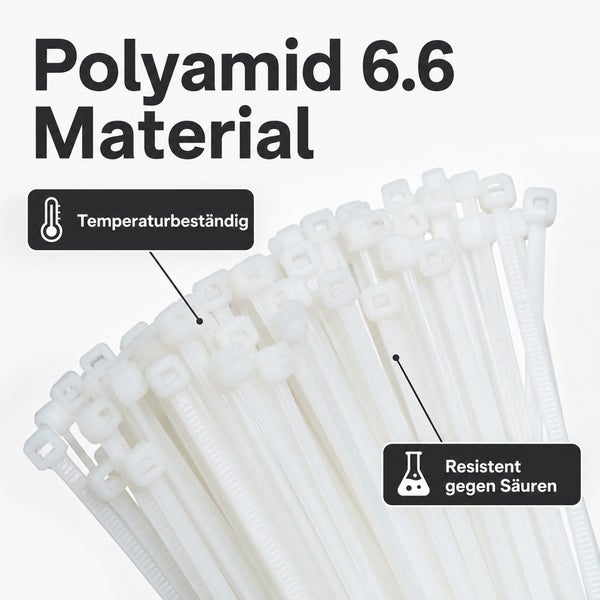 Kabelbinder aus Polyamid 6.6 Material, temperaturbeständig und resistent gegen Säuren