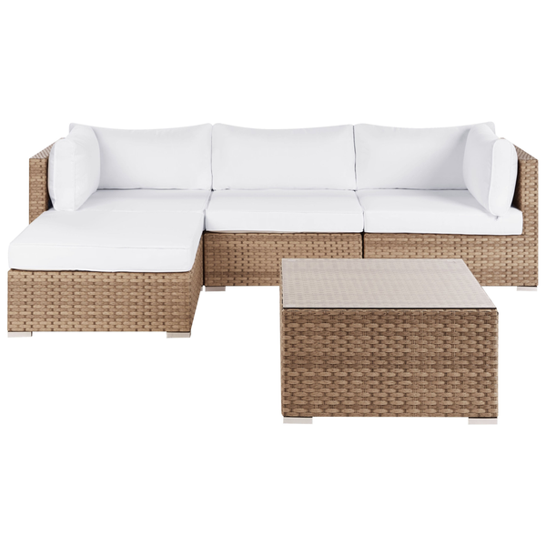 Garten Ecksofa mit Tisch 4-Sitzer SANO rechtsseitig modular Polyrattan Naturfarben