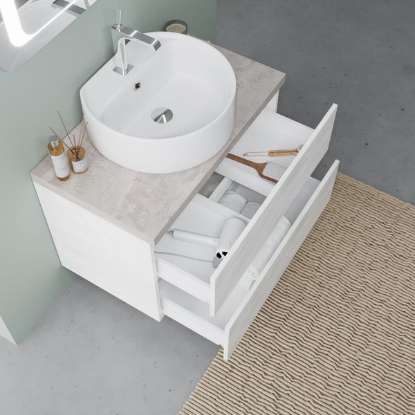 Waschtischunterschrank 80cm mit Keramik-Aufsatzwaschbecken und LED Spiegel | Elba