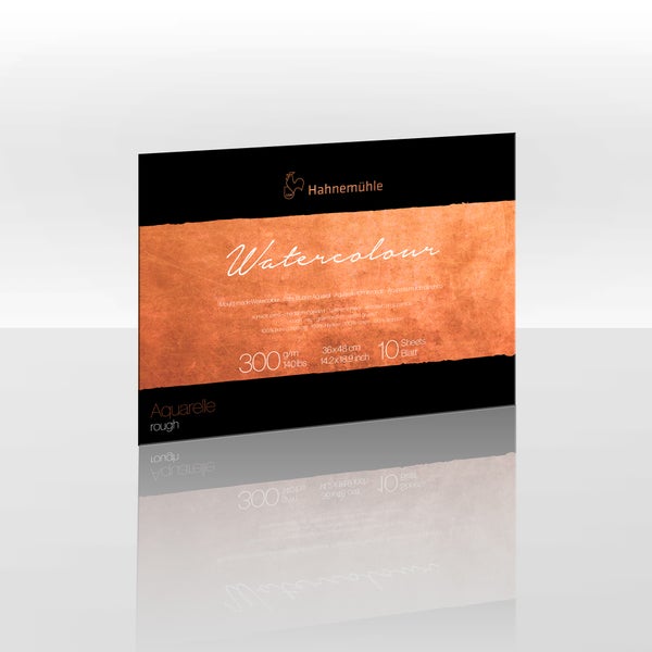 Hahnemühle Echt-Bütten Aquarellpapier aus 100 Prozent Hadern, rau, 300 Gramm pro Quadratmeter, 36 mal 48 Zentimeter, 10 Blatt.