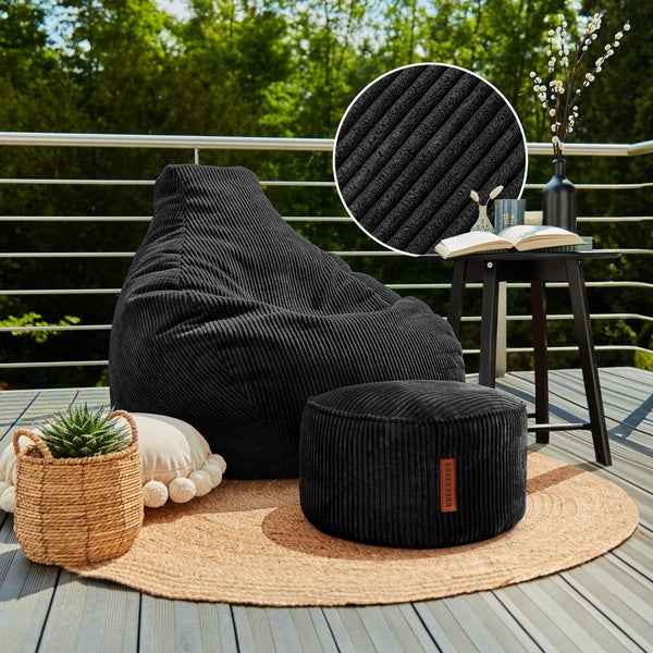 Green Bean Sitzsack mit Hocker aus Cord - Sitzsäcke für das Wohnzimmer, Schlafzimmer, Sitzsack-Sessel für Erwachsene Schwarz