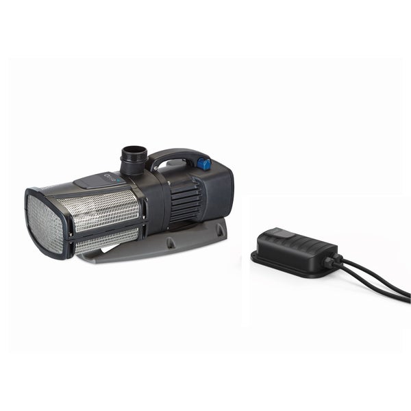 Oase Teichpumpe mit externem Steuergerät, Edelstahl-Filterkorb und Tragegriff.