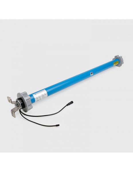 Blauer elektrischer Rohrmotor für Rollos oder Markisen von Maanta mit Montagehalterung und Kabelanschluss.