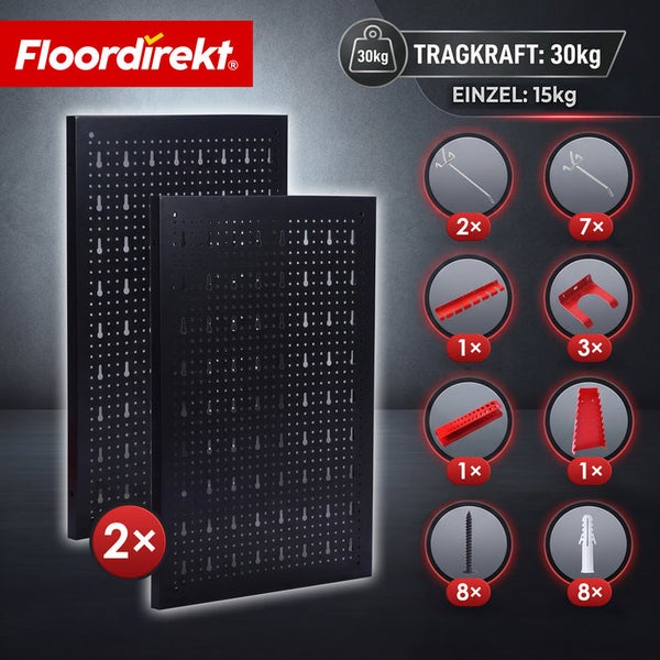 Floordirekt Logo. Werkzeugwand-Set mit zwei schwarzen Metall-Lochwänden, Haken, Haltern, Schrauben und Dübeln, Tragkraft 30 Kilogramm.