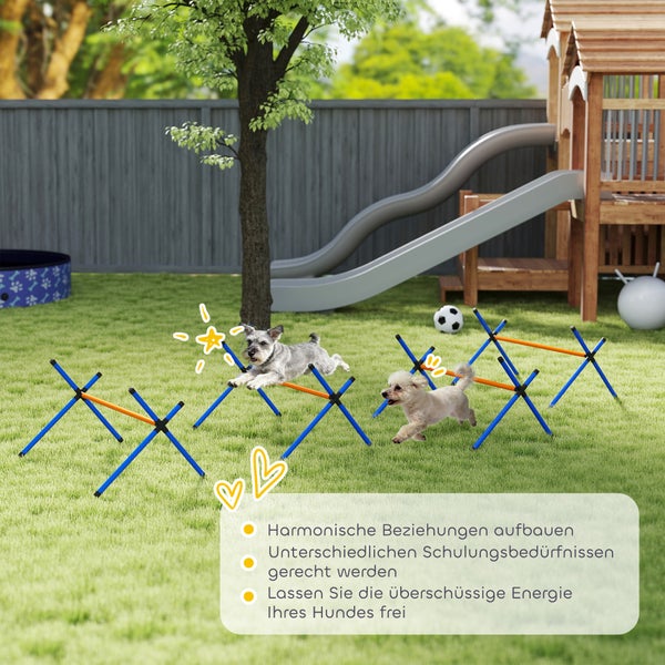 Zwei Hunde trainieren mit Agility-Hürden in einem hellen Garten mit Spielhaus, Rutsche und Holzzaun.