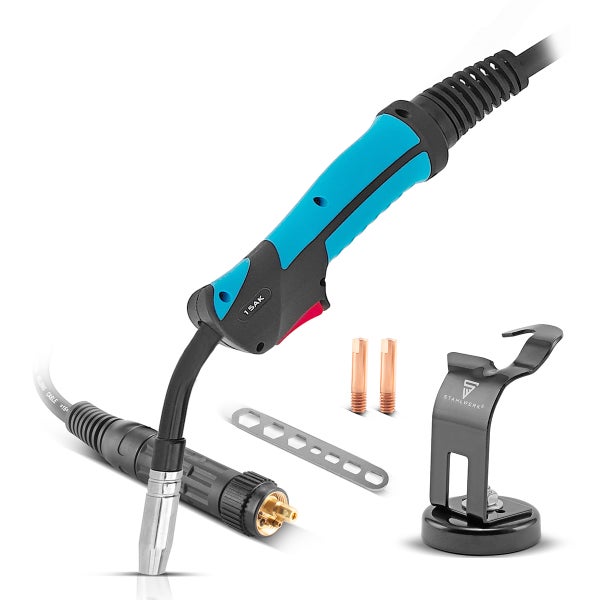 MIG MAG Schweißbrenner Schlauchpaket Set mit zwei Stromdüsen, Montageschlüssel, magnetischem Brennerhalter und Stahlwerk Logo.