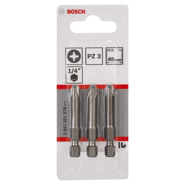 Bosch Logo. Packung mit drei 49 Millimeter langen PZ 3 Schrauberbits