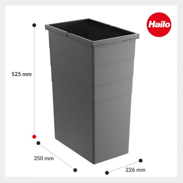 Hailo Logo. Grauer Kunststoff-Abfalleimer mit den Maßen 525 Millimeter Höhe, 350 Millimeter Tiefe und 226 Millimeter Breite.