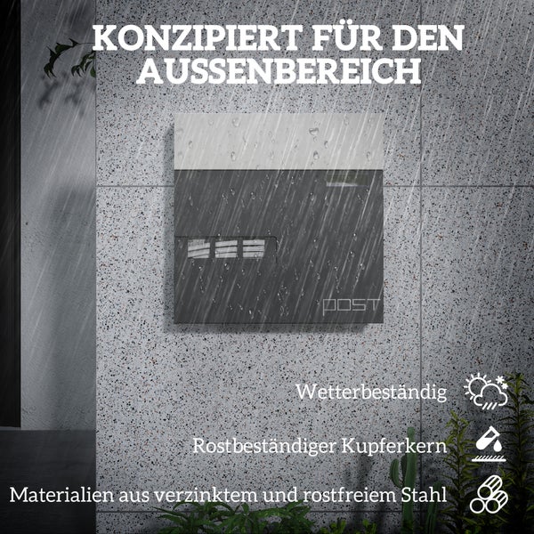 HOMCOM Briefkasten Wandbriefkasten aus Stahl mit Sichtfenster, Schloss, Kupferkern, Postkasten für Outdoor, 37 x 10,5 x 37 cm, Dunkelgrau