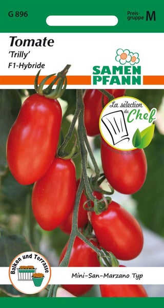 Samenpackung Tomate Trilly F1-Hybride, Mini-San-Marzano Typ, geeignet für Balkon und Terrasse
