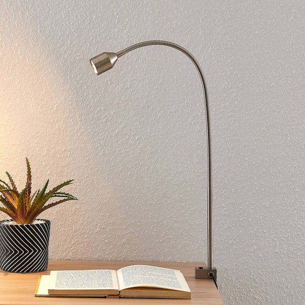 Helle, organisierte Szene mit einer Klemmleuchte aus Metall mit flexiblem Arm, befestigt an einem Holzschreibtisch neben Buch und Pflanze.