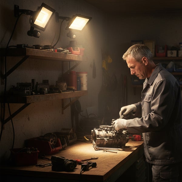 Ein Mann arbeitet in einer Werkstatt an einem Motorteil, beleuchtet von zwei an der Wand montierten LED-Flutern mit Bewegungsmelder.