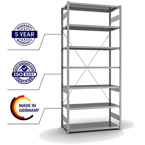 PROREGAL Fachbodenregal Stecksystem T-Profil Light-Duty Grundregal HxBxT 300 x 130 x 60 cm 7 Ebenen Fachlast 190 kg Einseitig Nutzbar Verzinkt