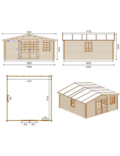 Technische Zeichnung mit Maßangaben eines Gartenhauses aus Holz mit Doppeltür und Fenstern inklusive Grundriss und Ansichten.
