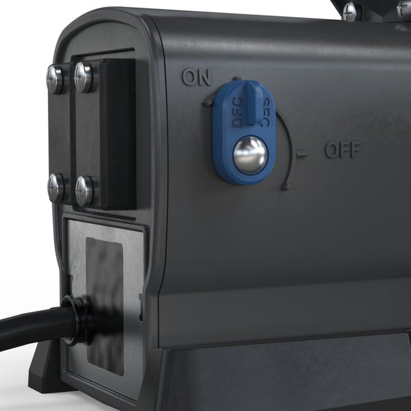 Detailansicht eines Geräts mit einem blauen Drehschalter sowie den Beschriftungen ON, OFF, DFC und SEC.