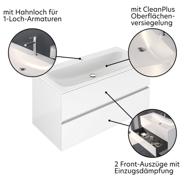Badmöbel-Set mit Waschbecken, Hahnloch für Einloch-Armatur, CleanPlus Oberflächenversiegelung und 2 Schubladen mit Einzugsdämpfung.