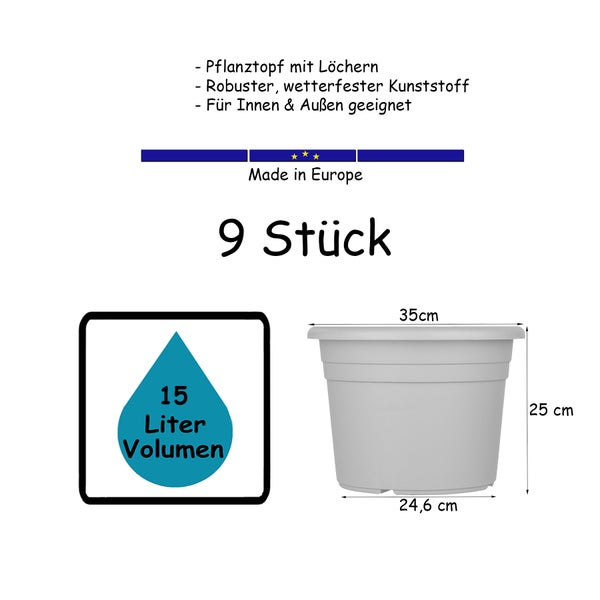 9x Blumentopf Ø 35 cm Farbe Anthrazit Kunststoff Pflanztopf Containertopf Übertopf Pflanzkübel rund 35 x 25 cm