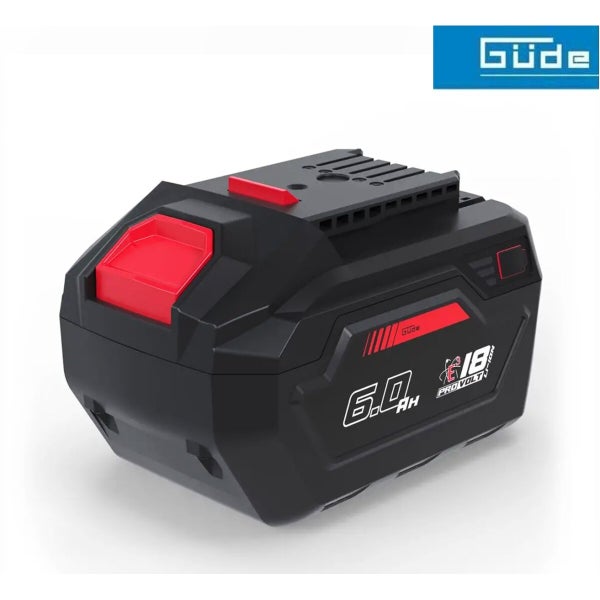 Güde Akkumulator 18 Volt mit 6,0 Amperestunden Kapazität aus der Provolt Serie. Güde Logo.