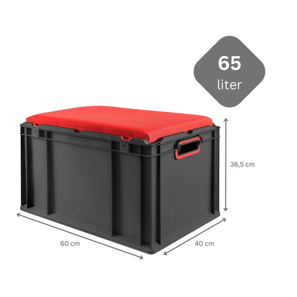 Graue Aufbewahrungsbox mit rotem Sitzkissen, Größe 65 Liter
