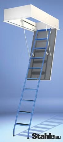 Ausziehbare Bodentreppe aus Metall mit Lukenkasten und StahlBlau Logo.