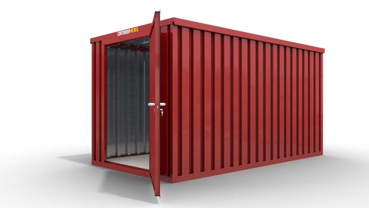Lagercontainer Gerätehaus XL  – 10 qm, H2150 x B5080 x T2170 mm, Außenwandlackierung RAL 3000 feuerrot, Dach außen verzinkt, mit Holzfußboden, 1270 mm Einflügeltür mittig in Stirnseite, montiert
