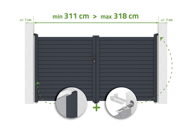 Doppelflügeltor aus Aluminium mit einer verstellbaren Breite von mindestens 311 Zentimeter bis maximal 318 Zentimeter und Montagedetails.