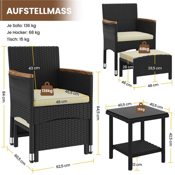 Abmessungen der schwarzen Rattansitzgruppe mit Sessel, Hocker und Tisch