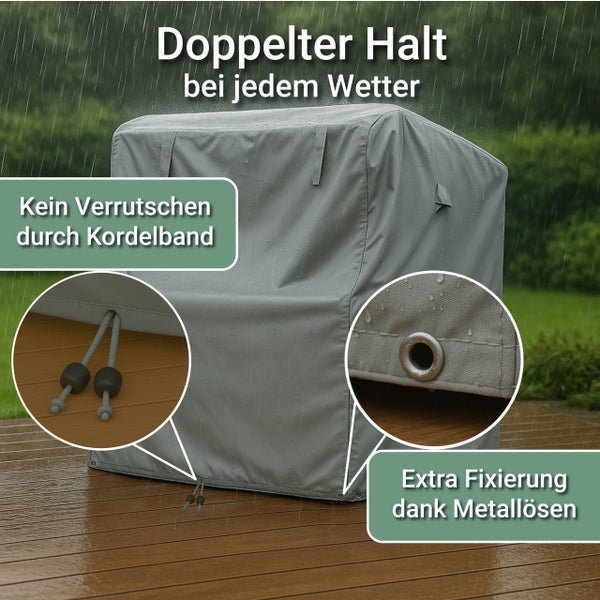 Wetterfeste Schutzhülle für Gartenmöbel mit Kordelzug und Metallösen für sicheren Halt bei Regen auf einer Holzterrasse.