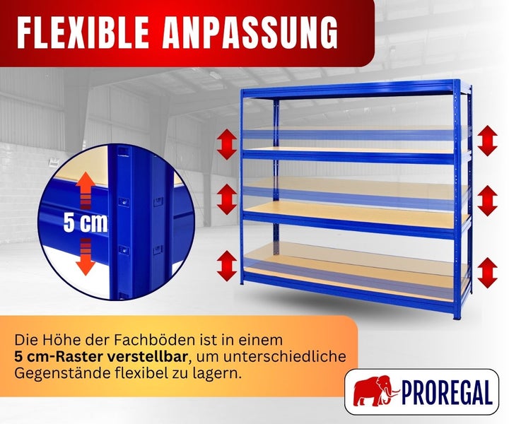 Proregal Schwerlastregal mit höhenverstellbaren Fachböden im 5 Zentimeter Raster. Proregal Logo.