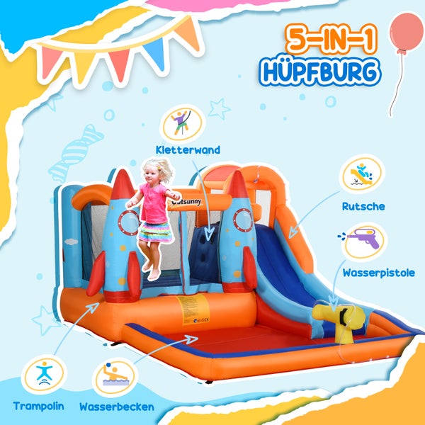 Outsunny Aufblasbare Hüpfburg mit Rutsche für 4 Kinder Burg Springburg mit Gebläse Spielburg Spielhaus für 3-8 Jahre Raketenmuster Oxford-, Polyester-Gewebe Mehrfarbig 350 x 250 x 185 cm