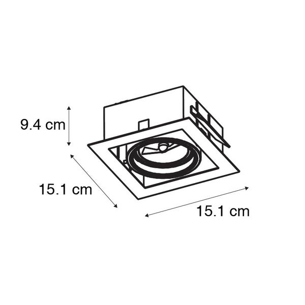 Technische Zeichnung eines quadratischen Einbaustrahlers mit den Maßen 15,1 Zentimeter mal 15,1 Zentimeter und einer Höhe von 9,4 Zentimeter.