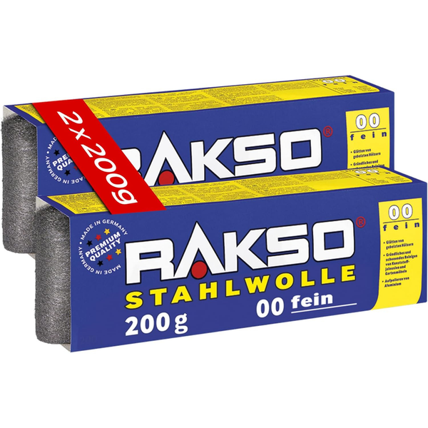 Rakso Stahlwolle 00 fein, Doppelpack mit 2 mal 200 Gramm, zum Glätten von gebeiztem Holz und Reinigen von Oberflächen.