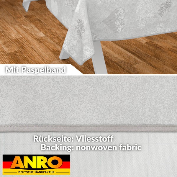 Tischdecke mit Blumenmuster und Paspelband sowie ANRO Logo