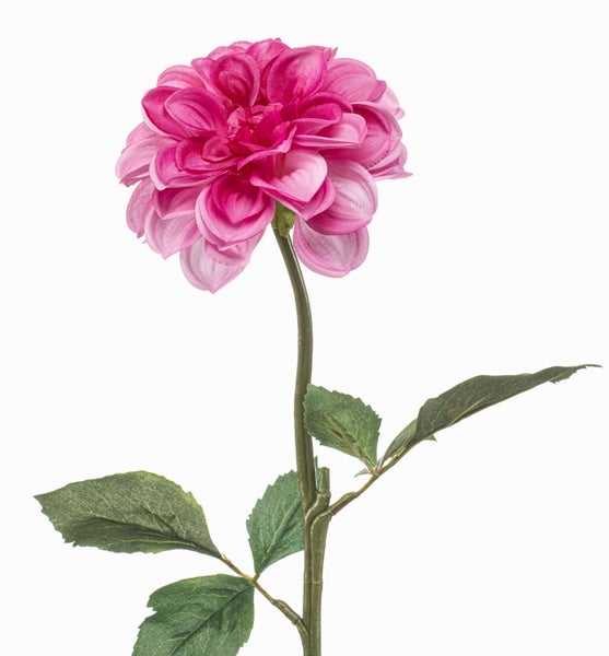 Künstliche Dahlie am Stiel in Pink mit grünen Blättern.