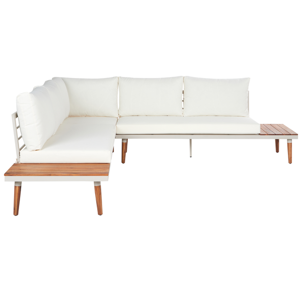 Ecklounge Sofa mit Holzablagen und Sitzpolstern für den Garten