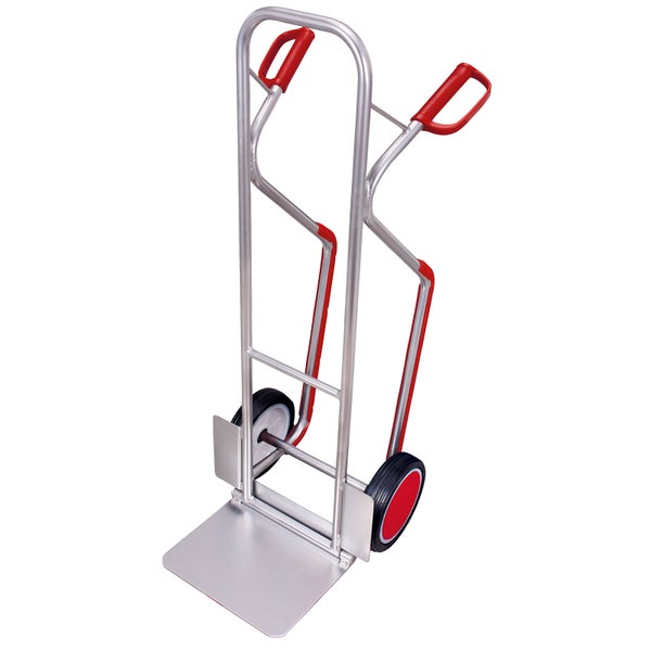 Sackkarre aus Aluminium mit roten Sicherheitsgriffen und großer Ladeschaufel.