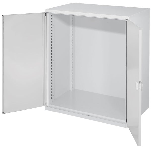 Weißer Metall-Hängeschrank mit geöffneten Türen und Innenraum