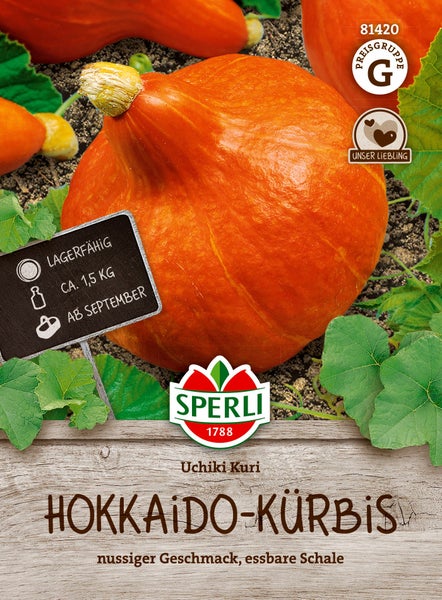 Sperli Saatgut Hokkaido Kürbis Uchiki Kuri mit essbarer Schale und nussigem Geschmack, lagerfähig, Ernte ab September.
