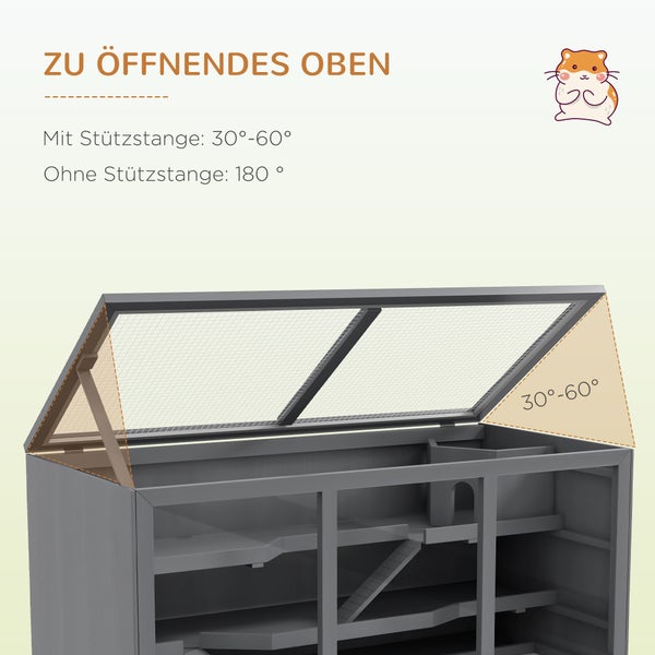 PawHut Zwerghamsterkäfig Nagerkäfig Kleintierstall aus Holz Mäusekäfig mit Treppen Kleintierkäfig Nagervilla Dreistöckig Grau 115 x 57 x 55 cm