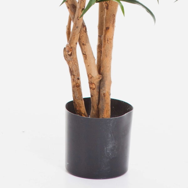 Nahaufnahme einer Kunstpflanze mit holzähnlichen Stämmen in einem schwarzen Topf.