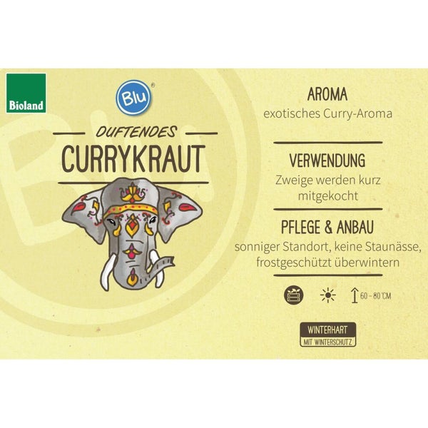 Produktetikett für duftendes Currykraut mit Blu Logo und Bioland Logo. Infos zu Aroma, Verwendung, Pflege und Wuchshöhe von 60 bis 80 Zentimeter.