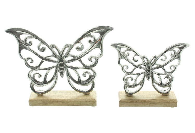FRANK FLECHTWAREN | Schmetterling Silber, 2er Set, ALUMINIUM, HOLZ, 15 x 3,5 x 13 cm, 20 x 3,5 x 16 cm