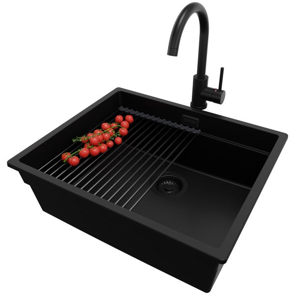 PRIMAGRAN Granitspüle Alles Schwarz 56x47cm, Spülbecken 1 Becken + Küchenarmatur 32x20cm + Ablauf-Set + Aufrollbare Abtropffläche, Küchenspüle ab 60er Unterschrank - Praga Slim