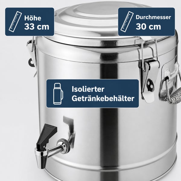 Isolierter Edelstahl Getränkebehälter mit Zapfhahn, 33 Zentimeter Höhe und 30 Zentimeter Durchmesser.