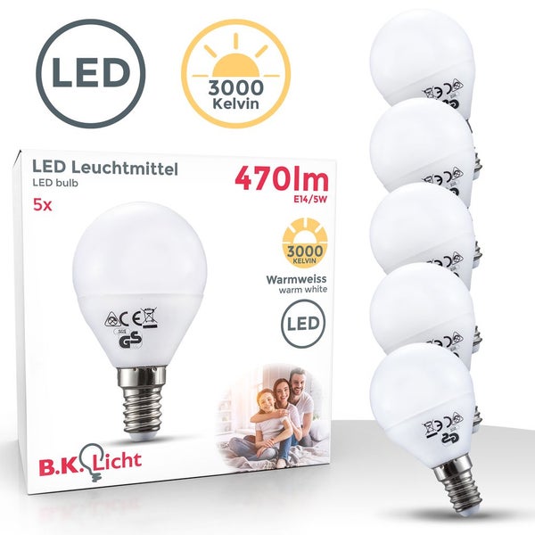B.K. Licht Logo. 5er-Set LED-Leuchtmittel mit E14-Fassung, 470 Lumen, 3000 Kelvin warmweiß, 5 Watt.