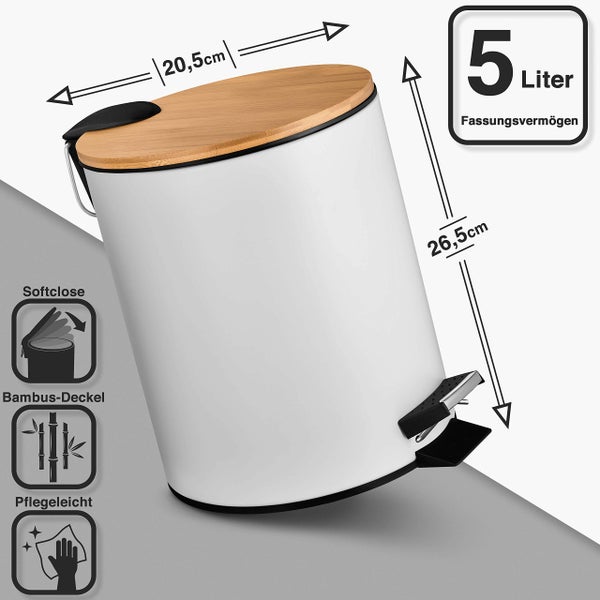 VMbathrooms 5L Kosmetikeimer in edlem weißem Design | Tretmülleimer mit Absenkautomatik (Soft Close) | Eleganter Eimer fürs Bad mit Innenbehälter und Bambus-Holzdeckel
