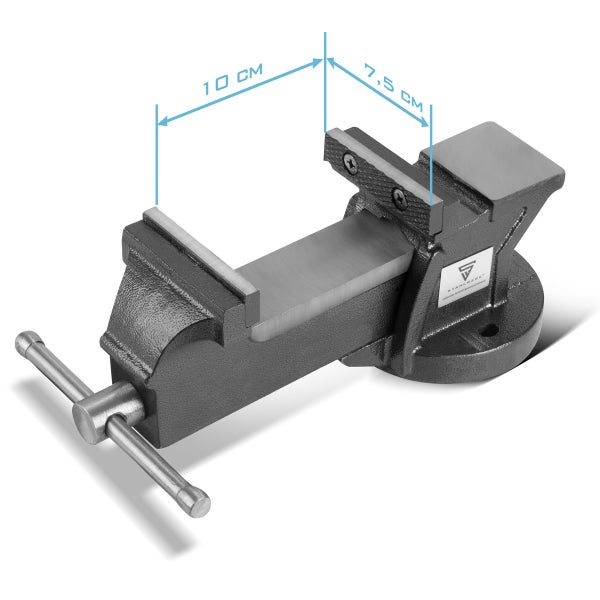 Werkbank Schraubstock mit den Massen 10 cm und 7,5 cm.